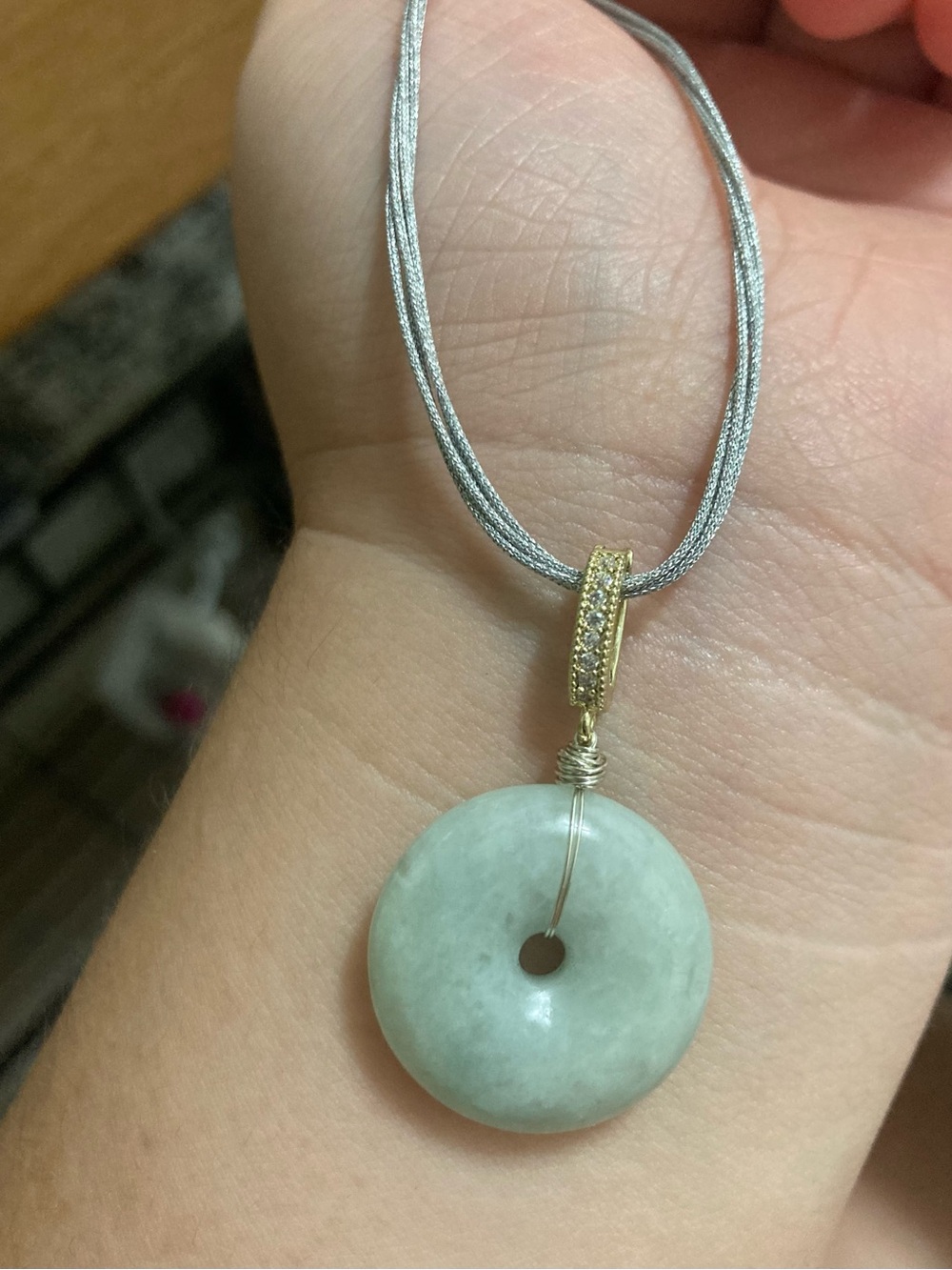 Natural untreated jadeite Pale Green Donut Pendant with Gold open-able Bail